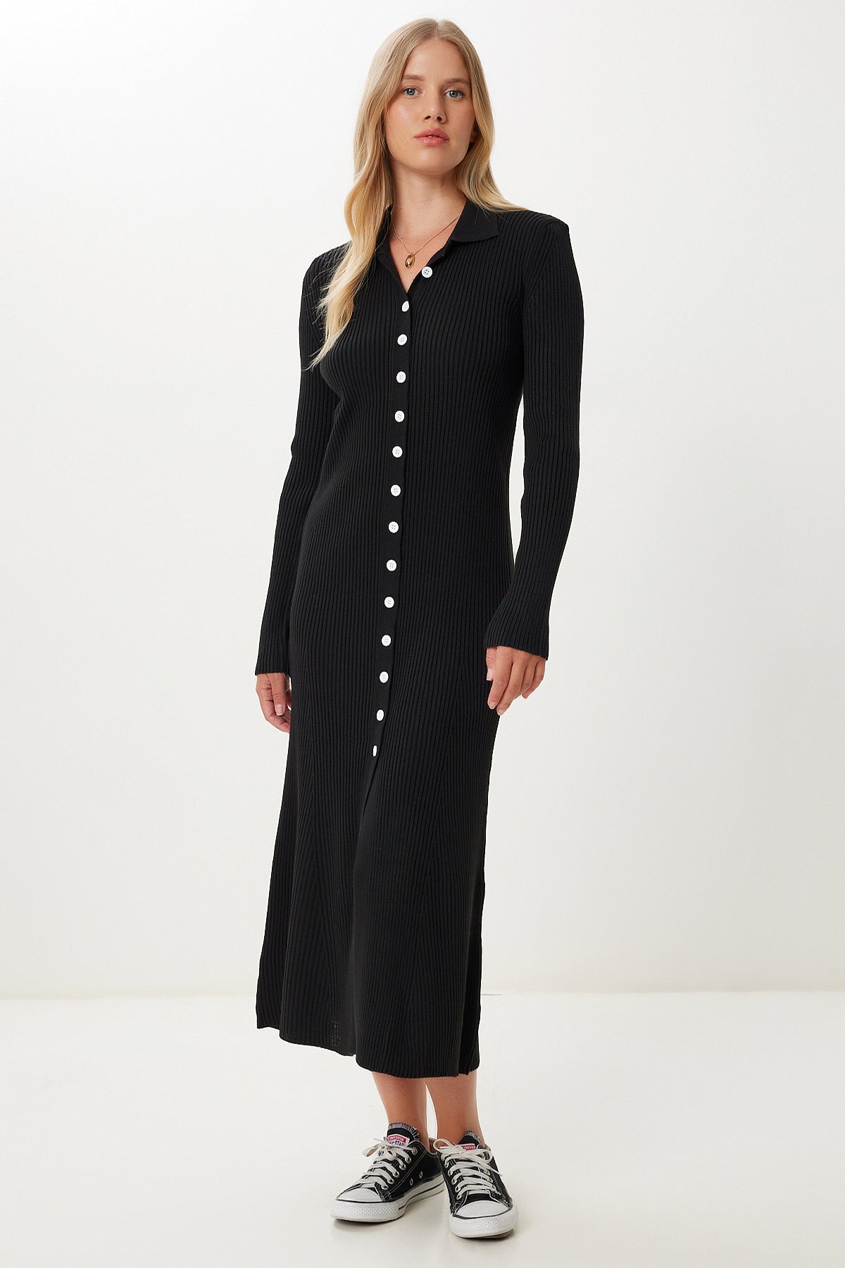 Siyah Polo Yaka Midi Fitilli Triko Elbise MX00245