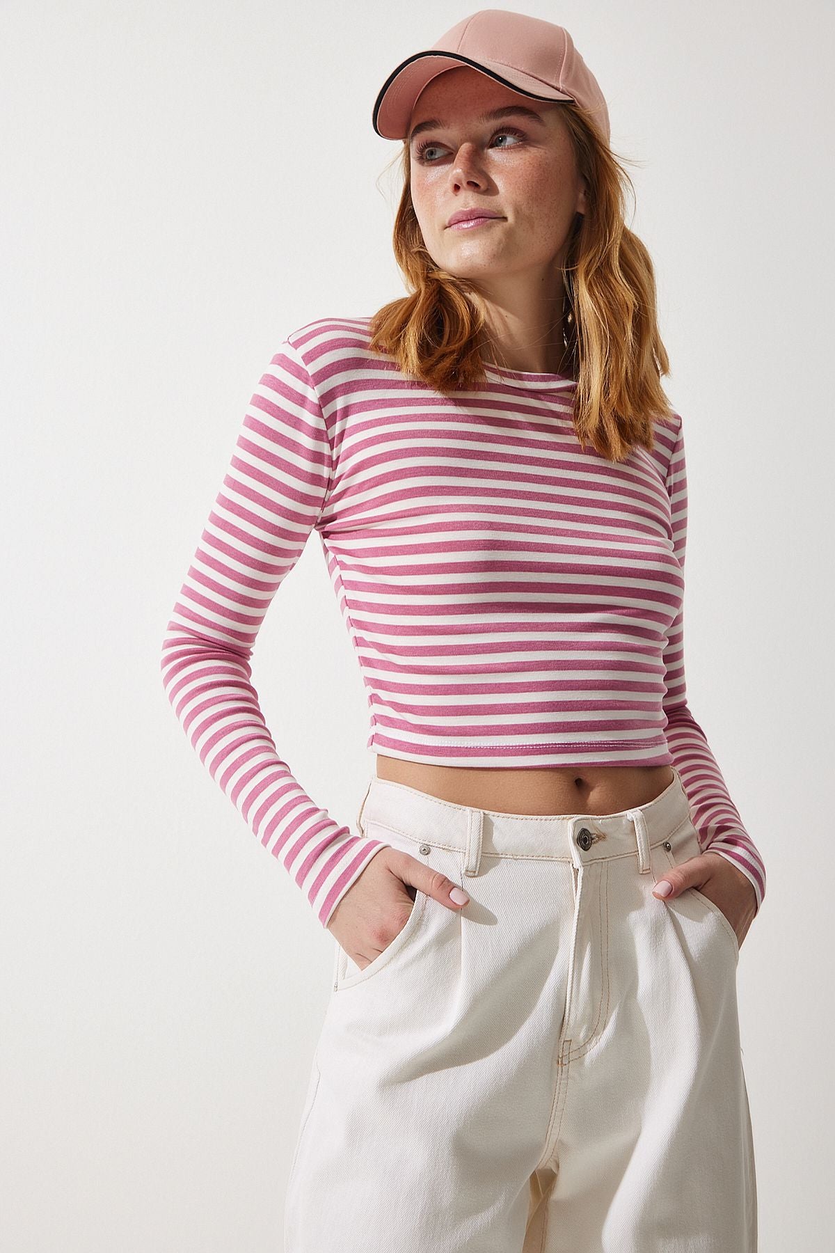 Gül Kurusu Bisiklet Yaka Çizgili Crop Örme Bluz CR00424