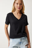 Siyah V Yaka Modal Örme T-Shirt HW00009