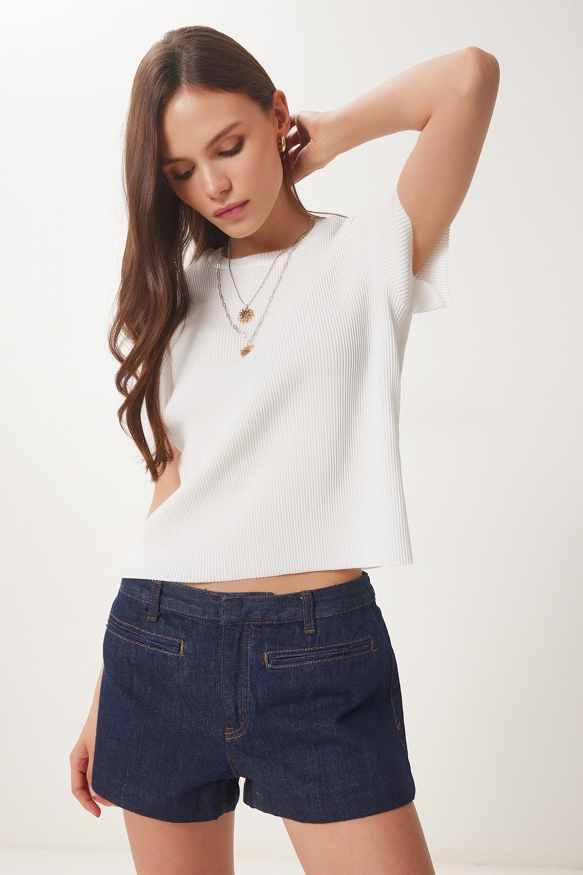 Beyaz Basic Fitilli Örme Bluz HF00468