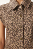 Vizon Kahverengi Leopar Desenli Gömlek Yaka Denim Yelek FN03418