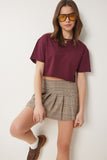 Bordo Pamuklu Crop Örme T-Shirt CR00443