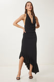 Siyah Asimetrik Kesim Midi Sandy Elbise UB00373