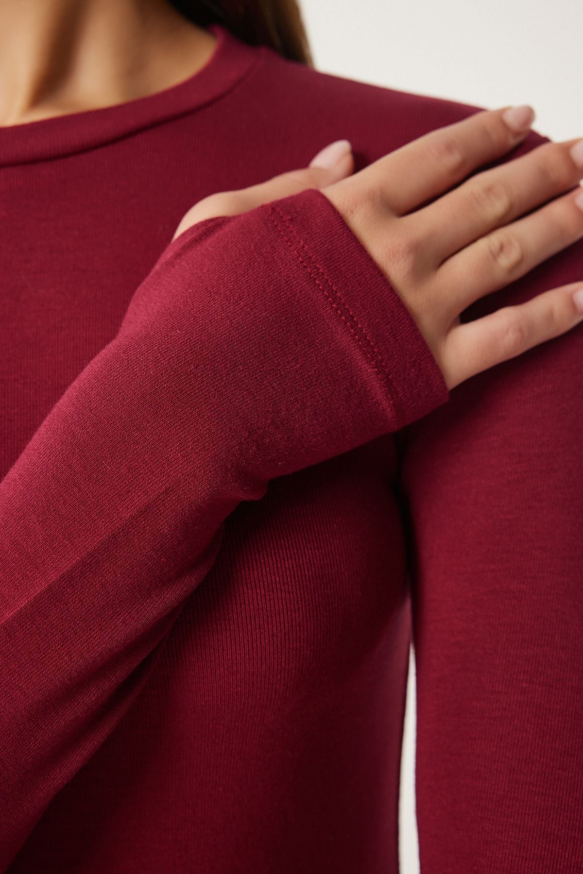 Bordo Bisiklet Yaka Basic Örme Bluz CR00439