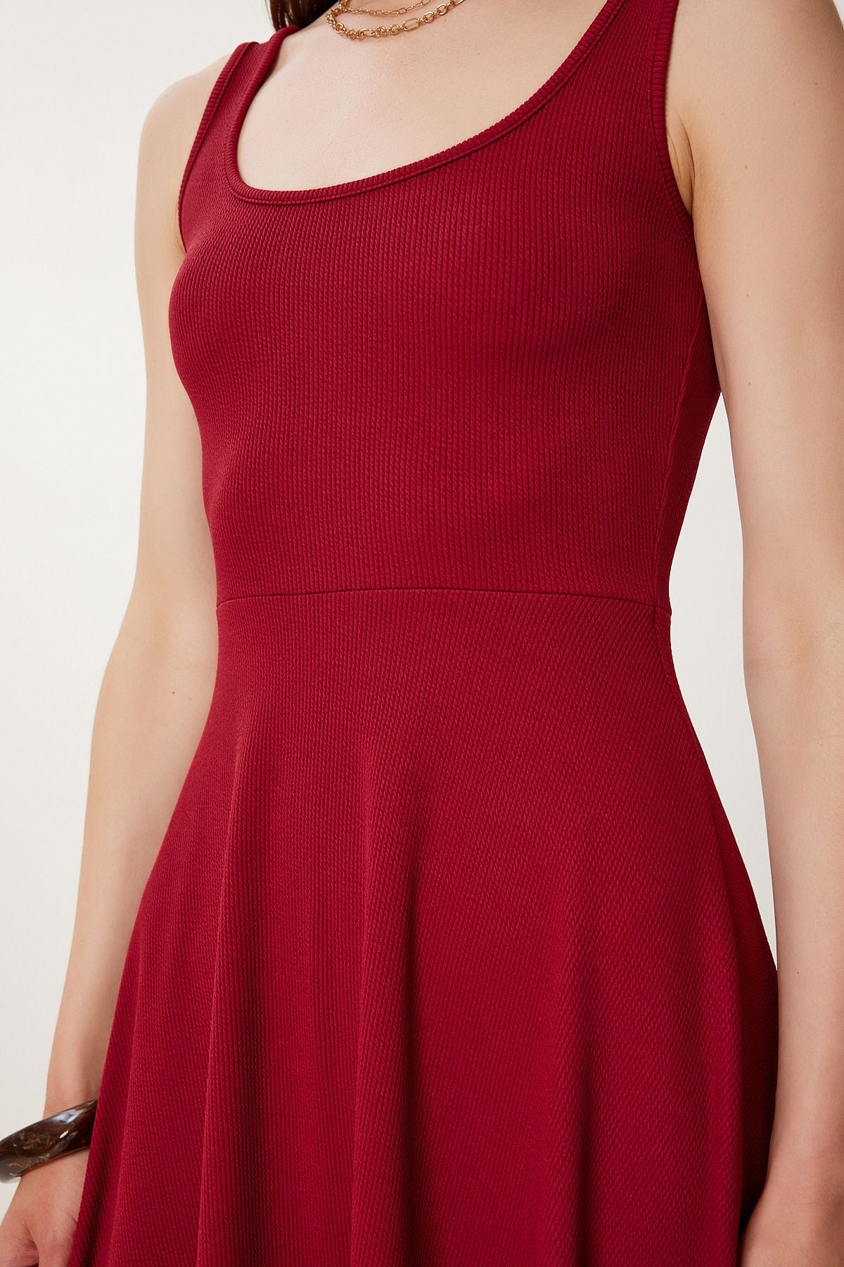 Bordo Askılı Yazlık Fitilli Örme Midi Elbise DZ00127