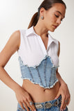 Beyaz Açık Mavi Denim Detaylı Gömlek Yaka Crop Bluz AN00252