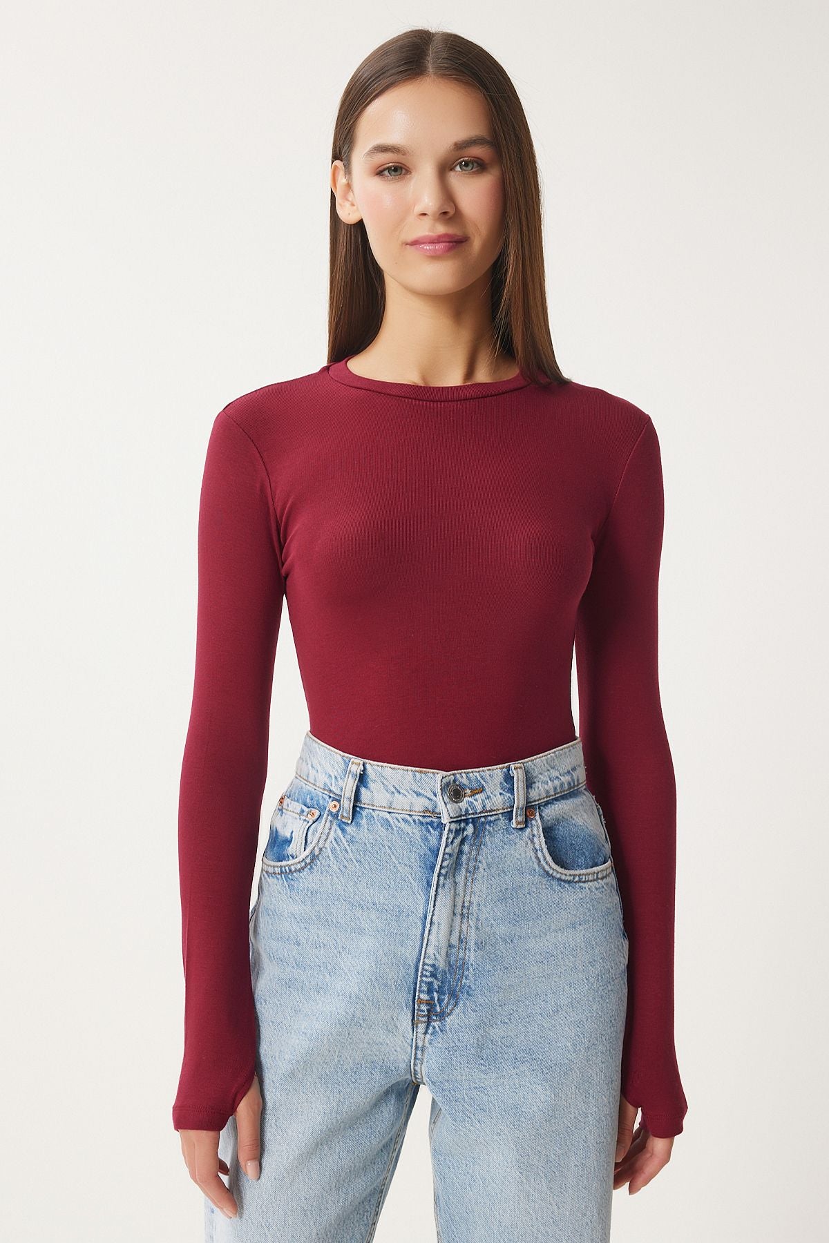 Bordo Bisiklet Yaka Basic Örme Bluz CR00439