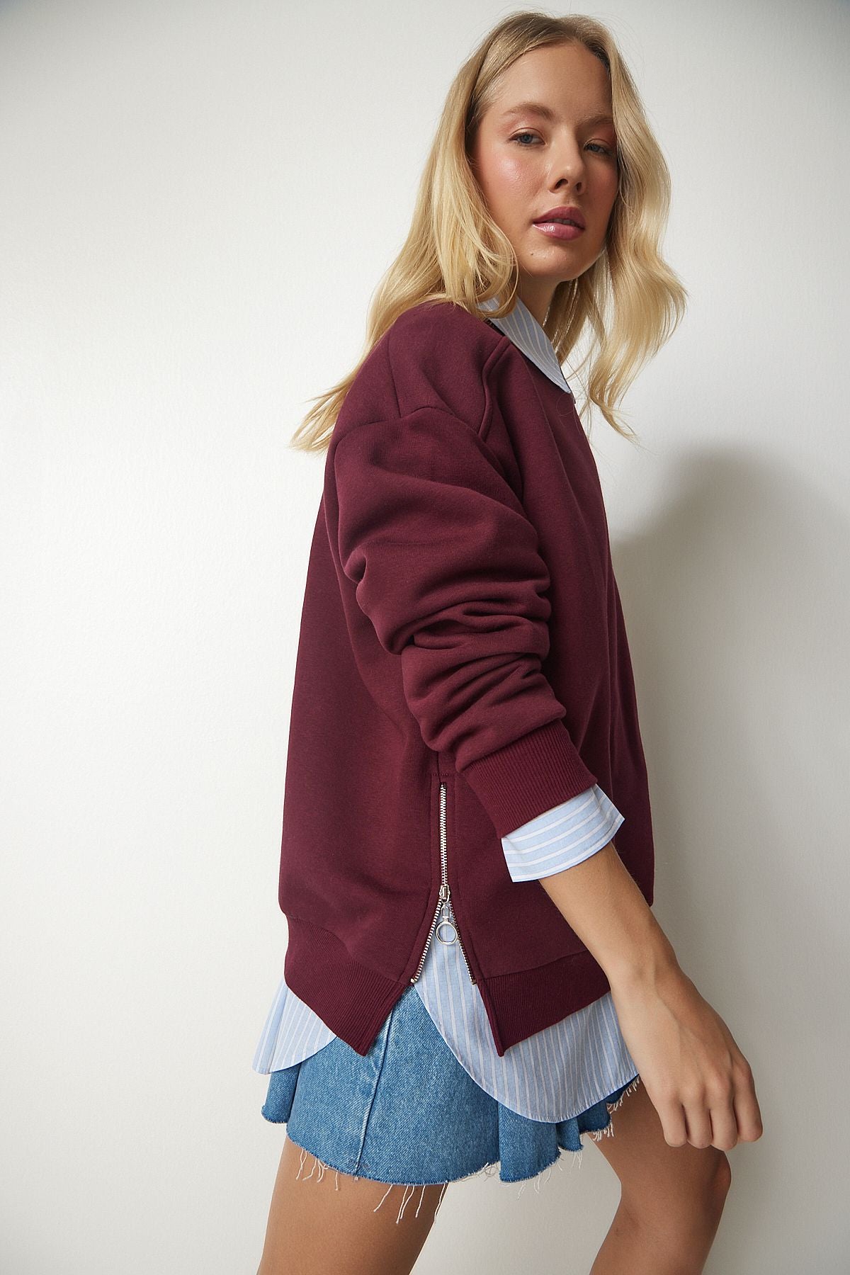 Bordo Fermuar Detaylı Şardonlu Örme Sweatshirt UB00148