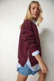 Bordo Fermuar Detaylı Şardonlu Örme Sweatshirt UB00148