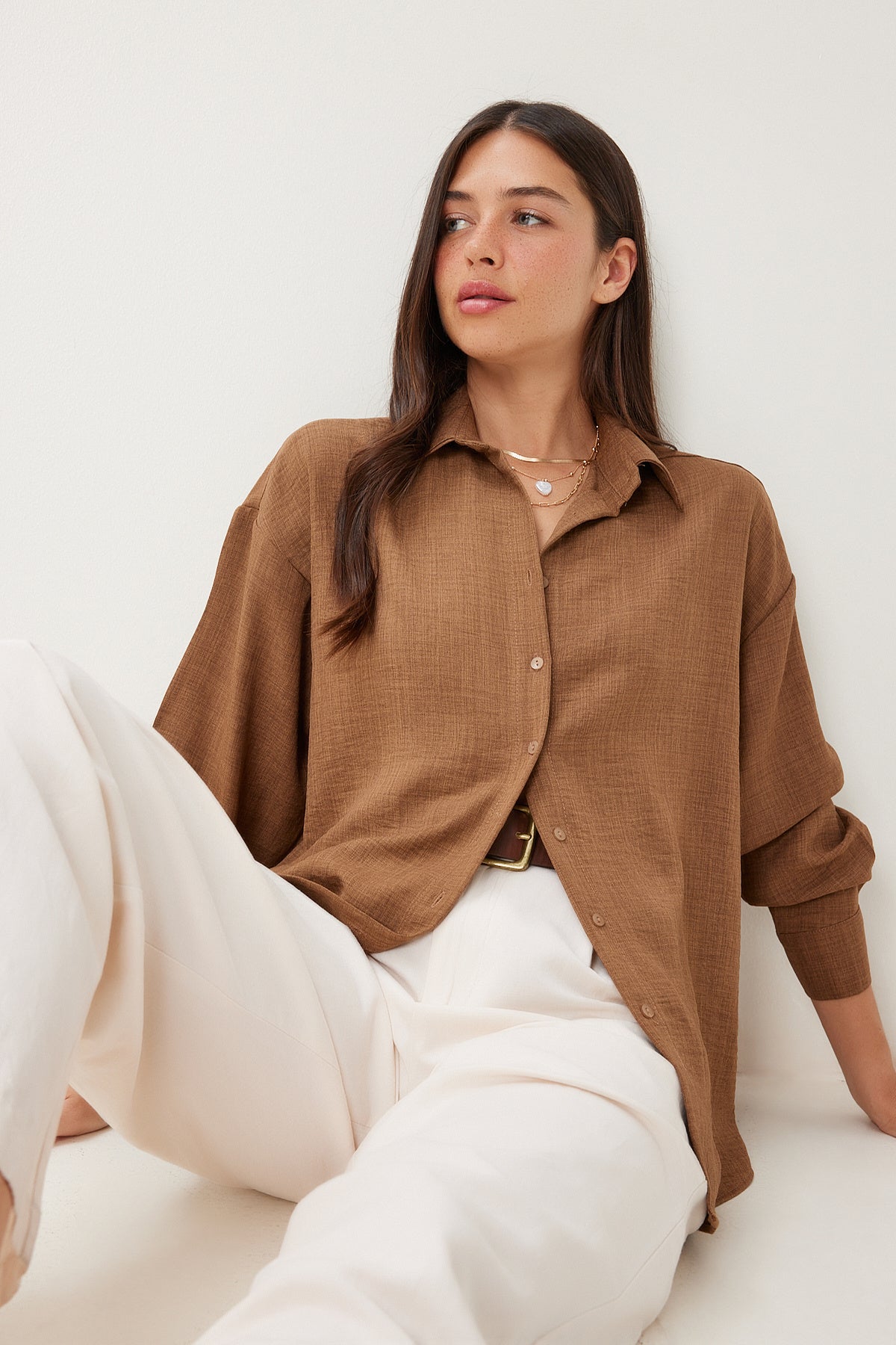 Kahverengi Oversize Keten Gömlek PB00053