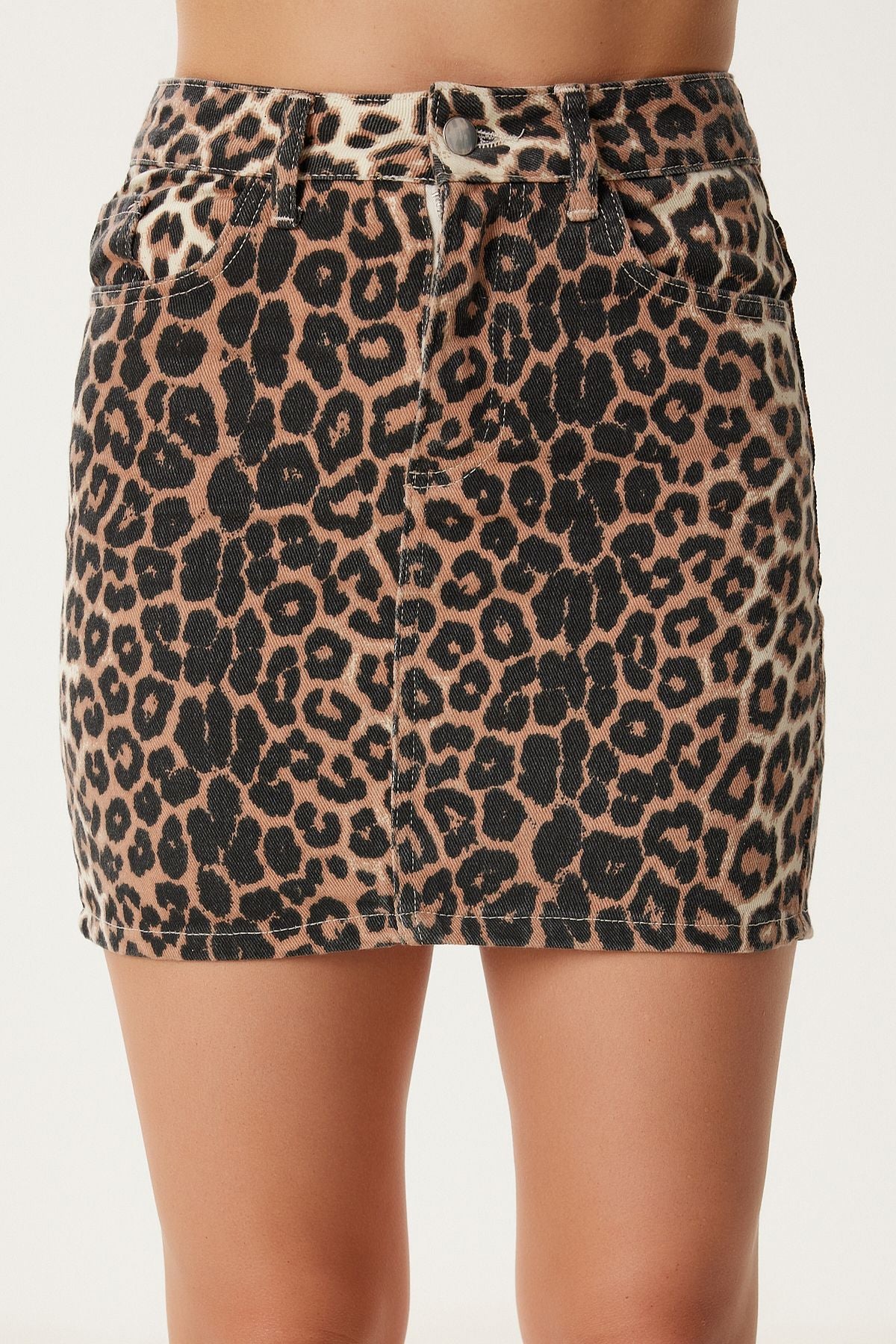 Siyah Bej Leopar Desenli Mini Gabardin Etek GP00024