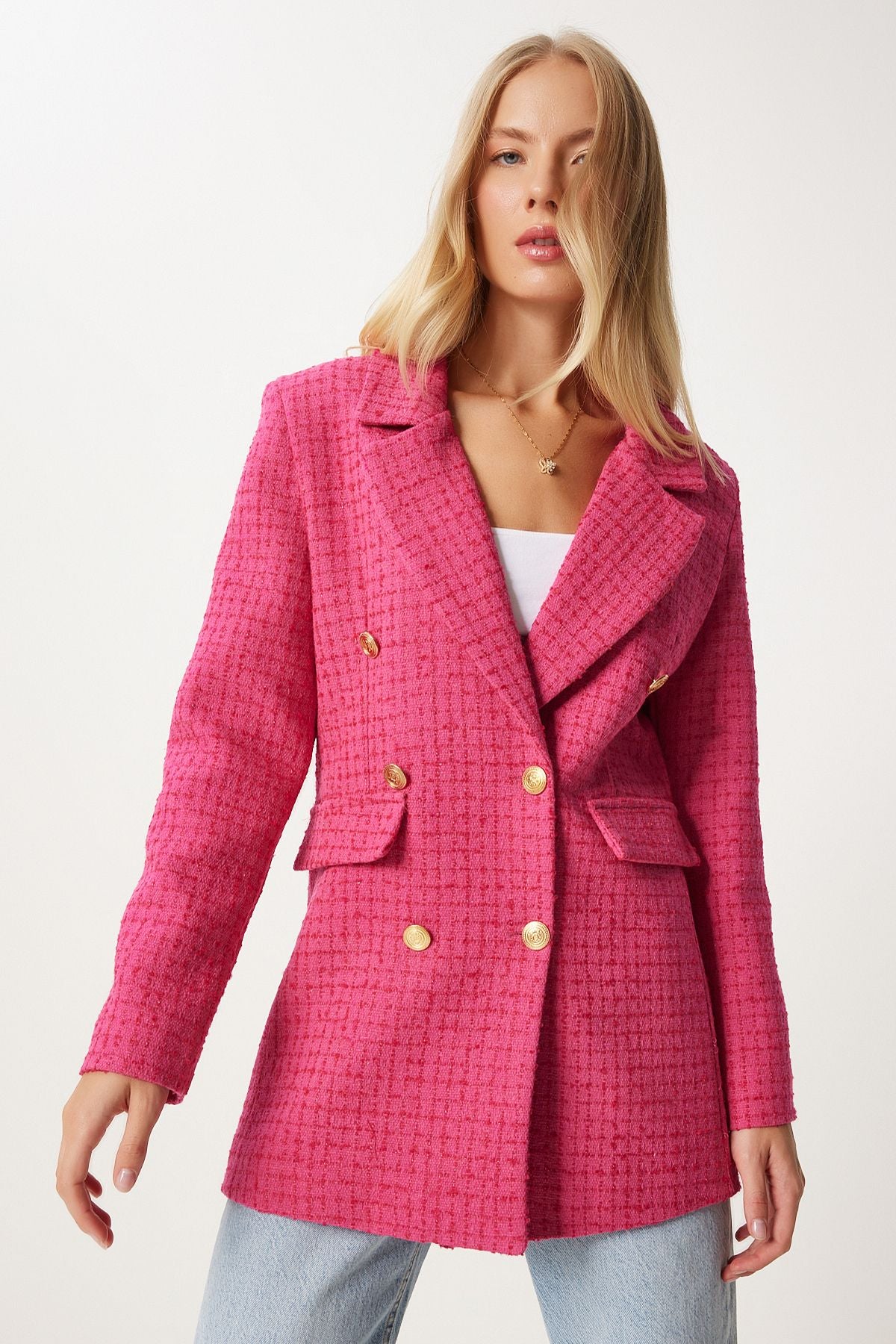 Koyu Pembe Düğmeli Blazer Tüvit Ceket  WF00004