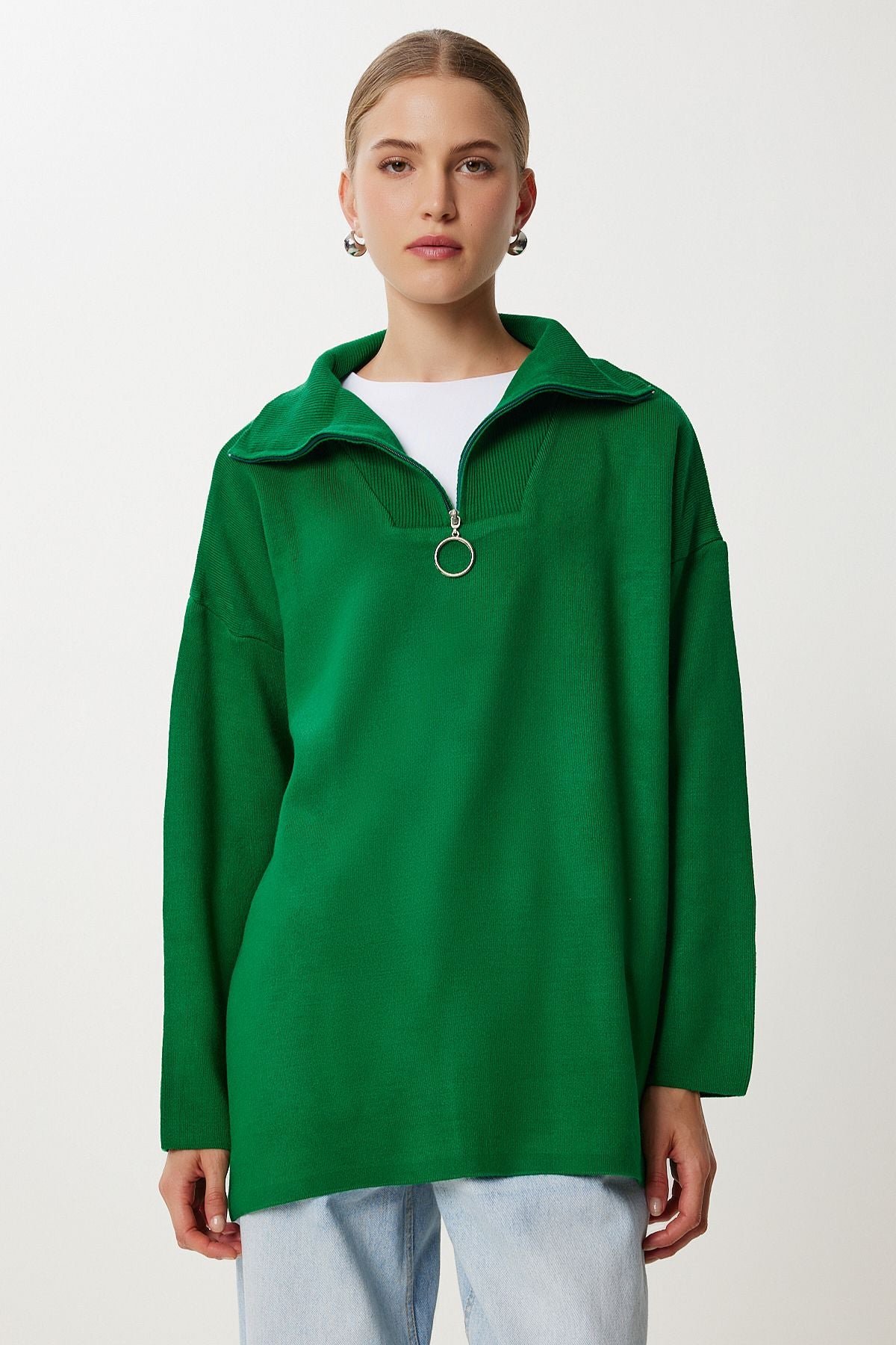 Koyu Yeşil Fermuarlı Oversize Triko Kazak YY00263