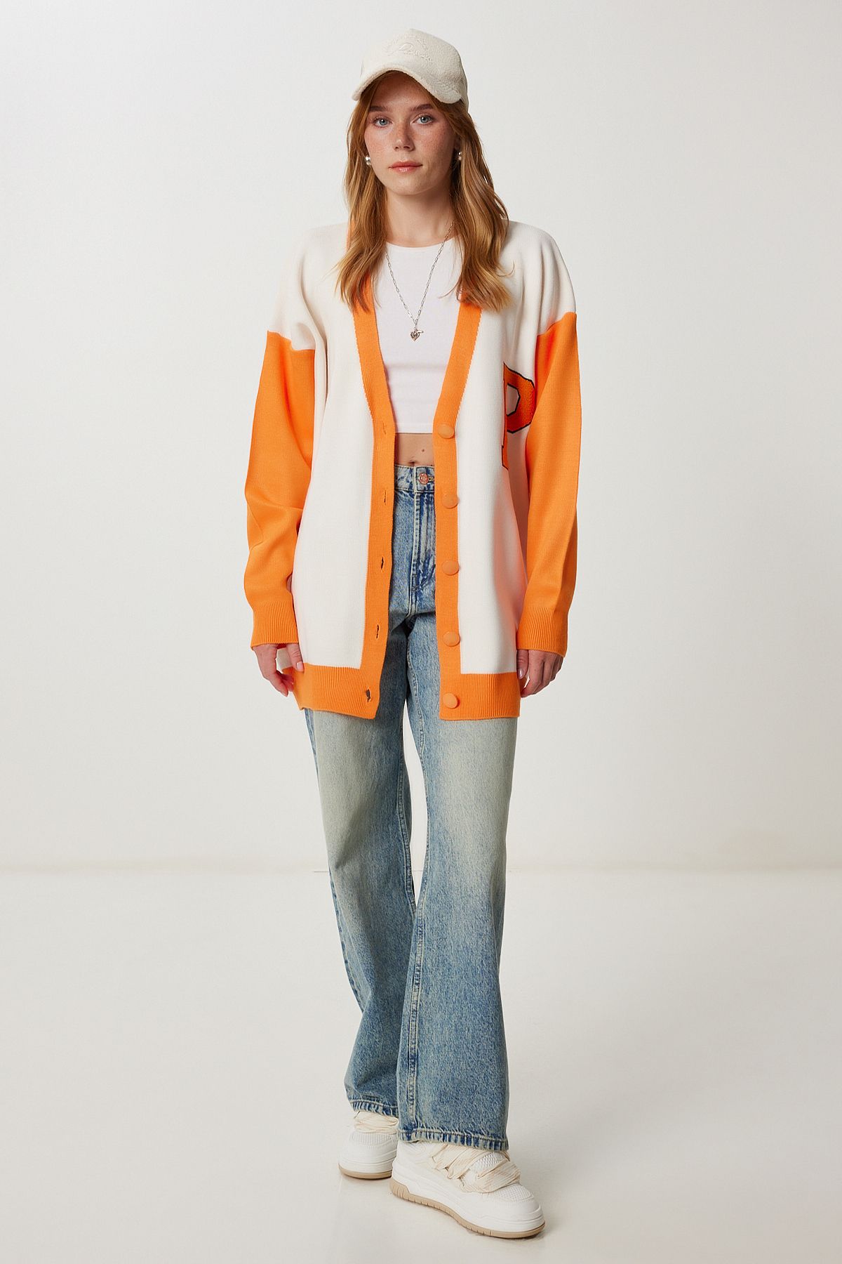 Oranj Kemik Oversize Kontrast Renkli Triko Hırka YY00262