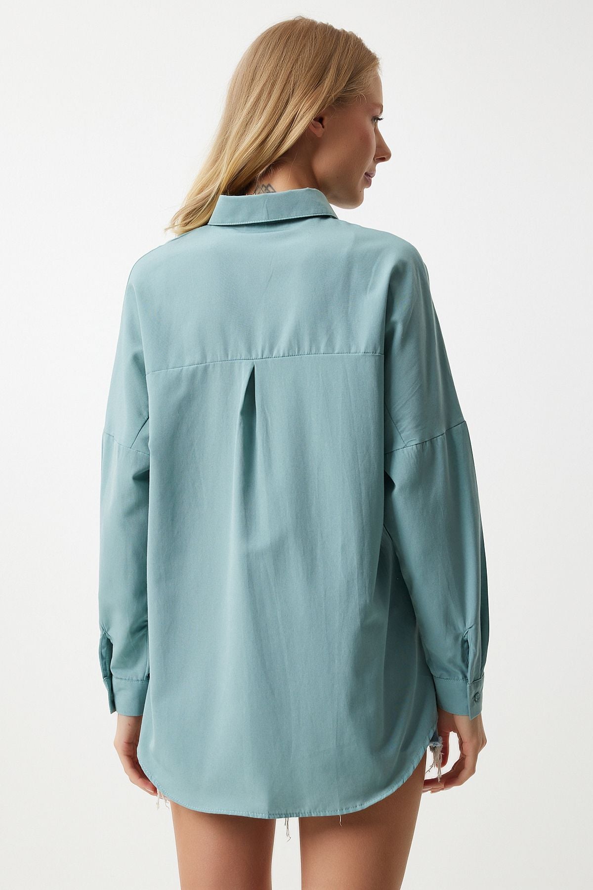 Koyu Su Yeşili Oversize Uzun Basic Gömlek  DD00842