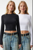 Siyah Beyaz Bisiklet Yaka Basic 2'Li Paket Crop Örme Bluz OW00035