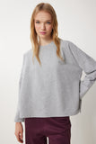 Gri Melanj Yandan Yırtmaçlı Oversize Örme Sweatshirt UL00050