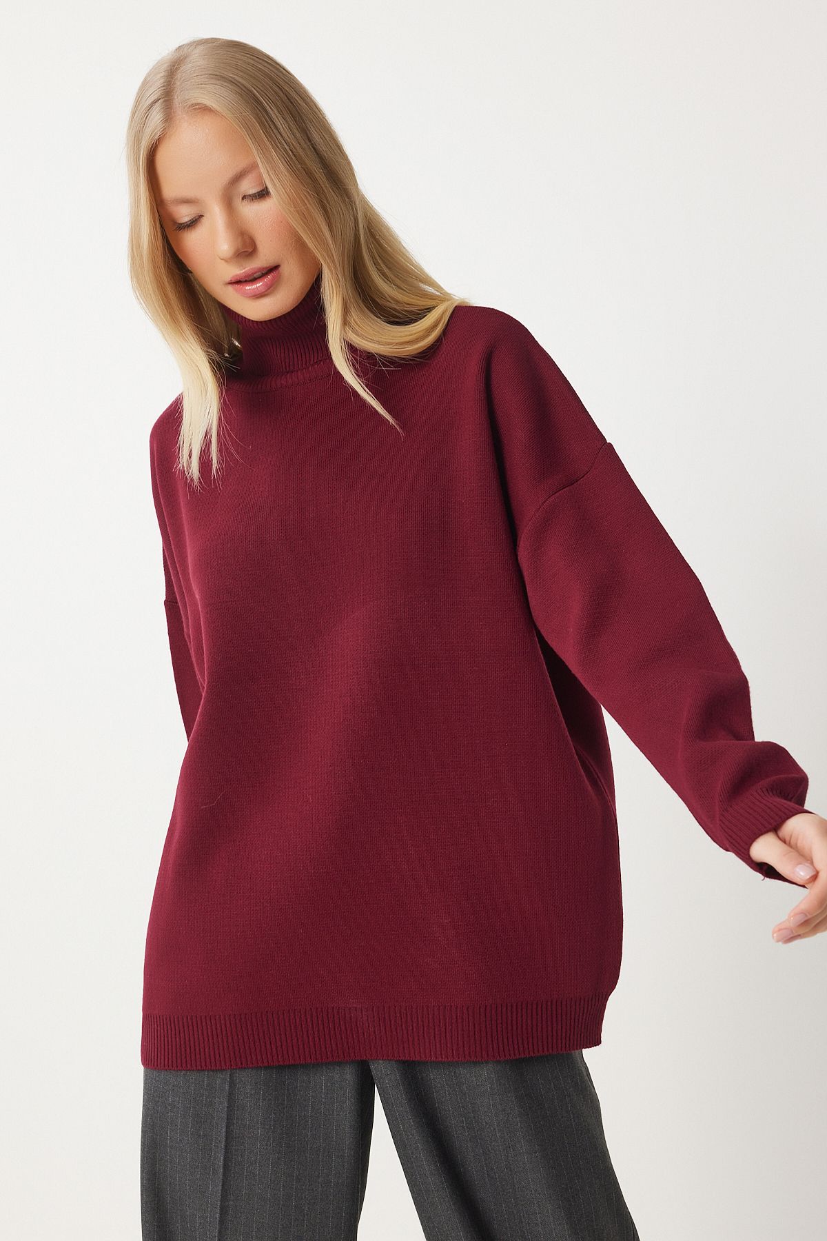 Bordo Balıkçı Yaka Oversize Triko Kazak BV00084