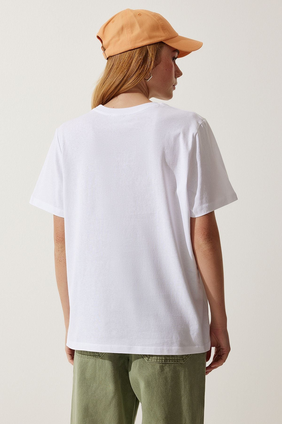 Beyaz Renkli Baskılı Oversize Örme T-Shirt WO00034