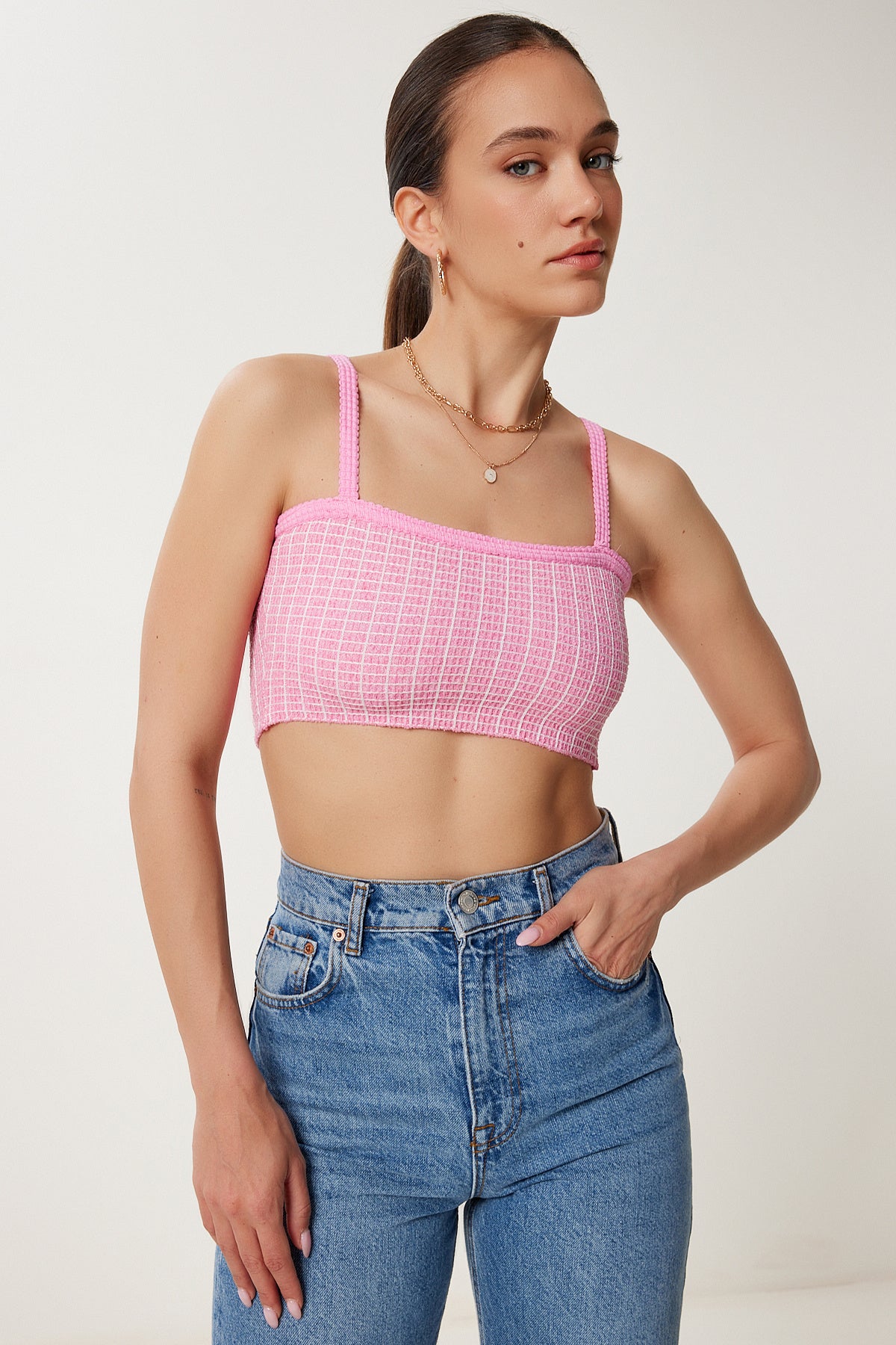 Pembe Askılı Esnek Yazlık Triko Crop Bluz NS00436