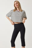 Beyaz Siyah Çizgili Oversize Crop Örme T-Shirt BP00162