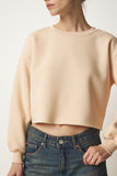 Krem Bisiklet Yaka Şardonlu Crop Örme Sweatshirt BF00085