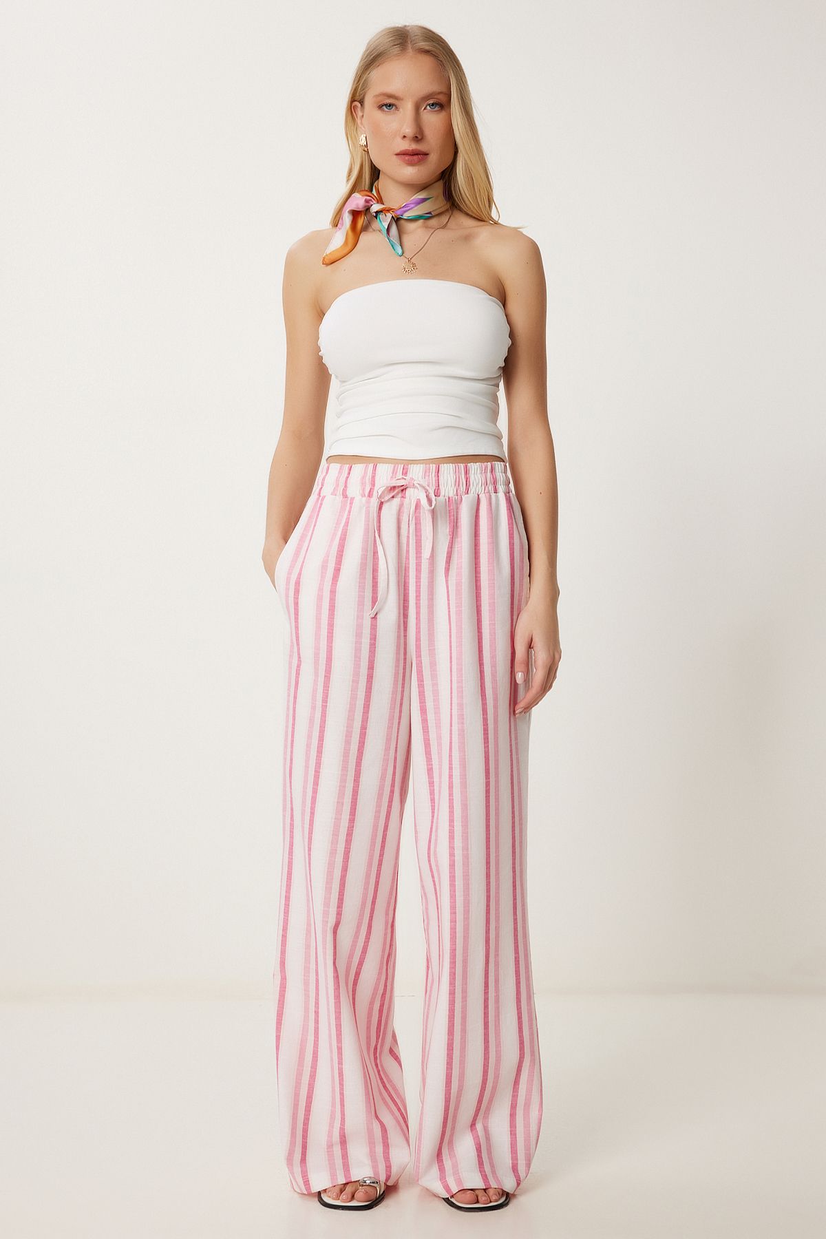Pembe Çizgili Yazlık Bol Keten Pantolon DP00247
