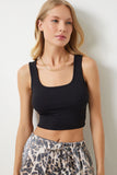 Siyah Kare Yaka Askılı Fitilli Crop Bluz BF00058