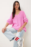 Pembe V Yaka Selanik Örgü Oversize Triko Kazak ZA00059