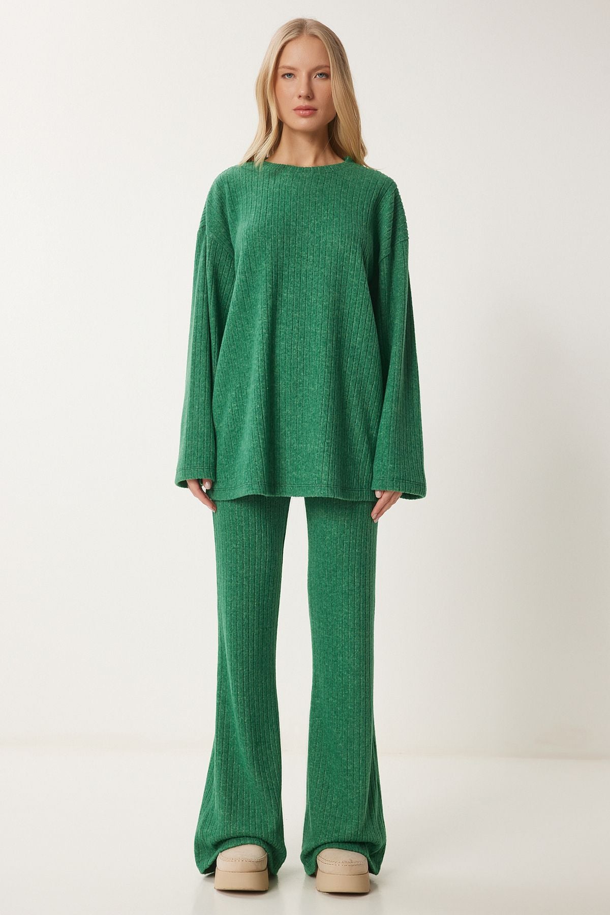 Yeşil Rahat Fitilli Örme Bluz Pantolon Takım RG00047