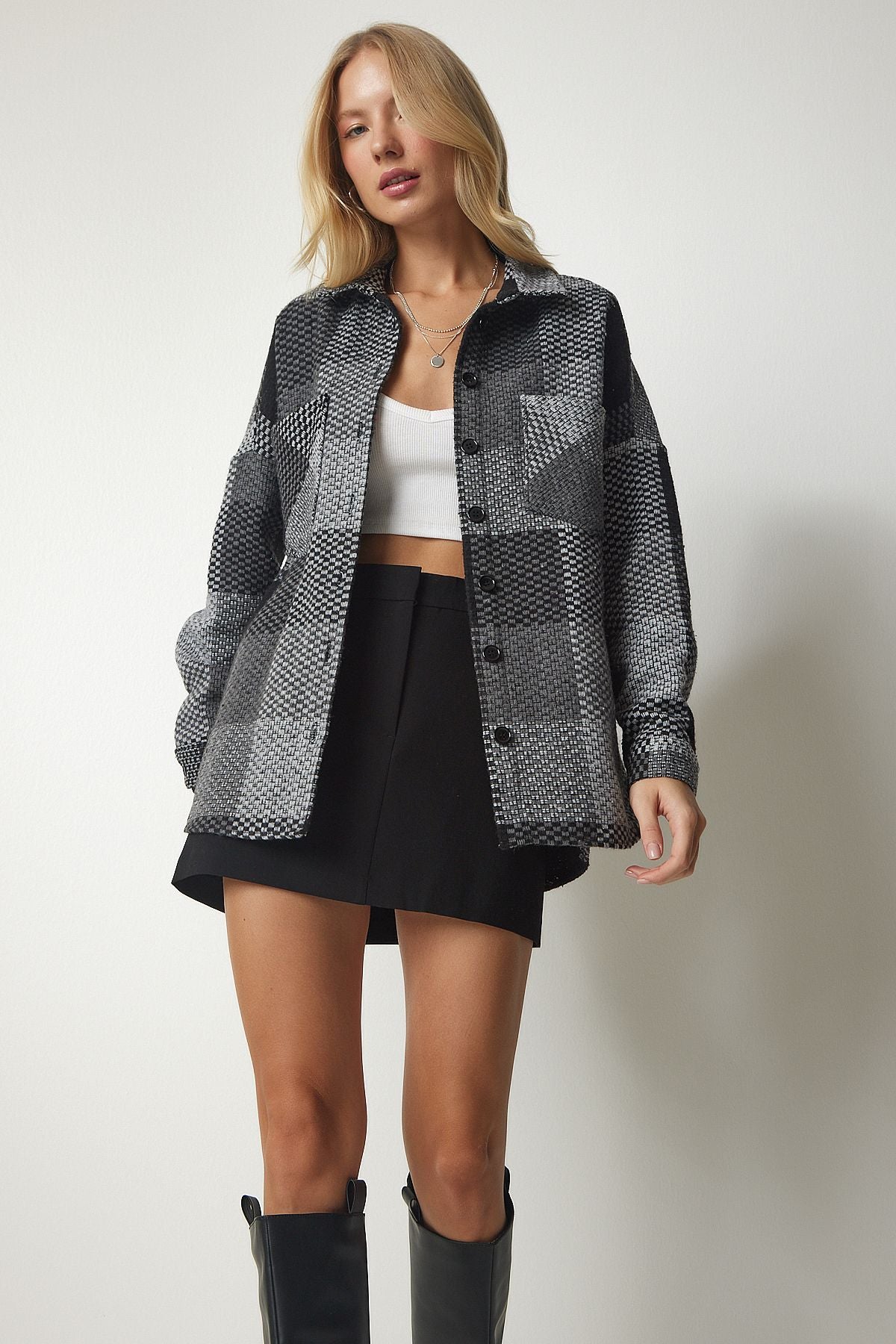 Gri Siyah Desenli Oversize Kaşe Oduncu Gömlek TU00034