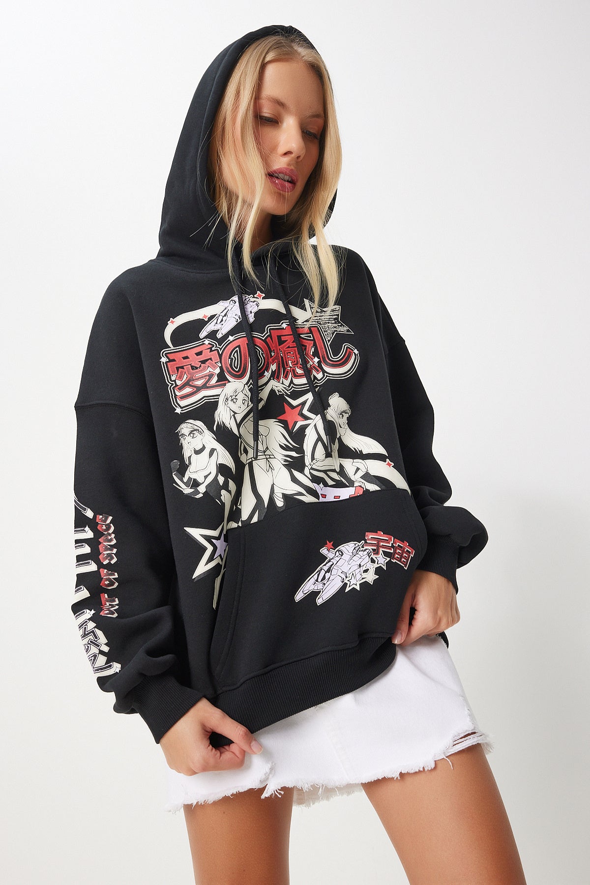 Siyah Baskılı Kapüşonlu Şardonlu Örme Sweatshirt VN00013