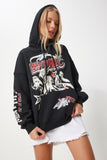 Siyah Baskılı Kapüşonlu Şardonlu Örme Sweatshirt VN00013