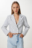 Ekru Lacivert Vatkalı Keten Crop Ceket MX00254