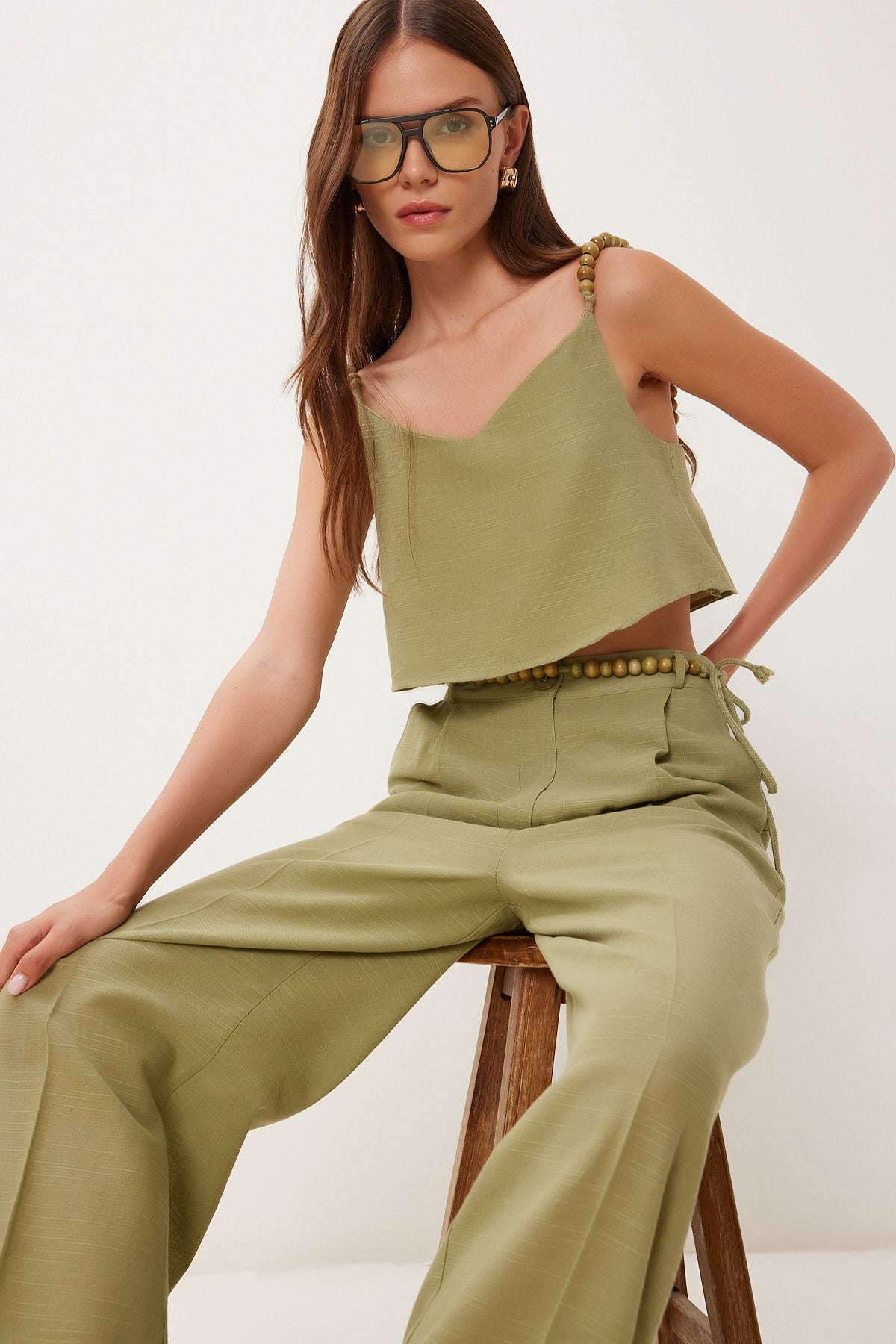 Haki Boncuk Detaylı Keten Bluz Pantolon Takım BV00170