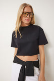 Siyah Pamuklu Crop Örme T-Shirt CR00443