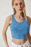 Mavi Halter Yaka Yıkamalı Crop Örme Bluz NJ00135