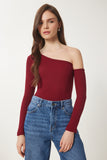 Bordo Açık Omuzlu Fitilli Örme Bluz TG00011