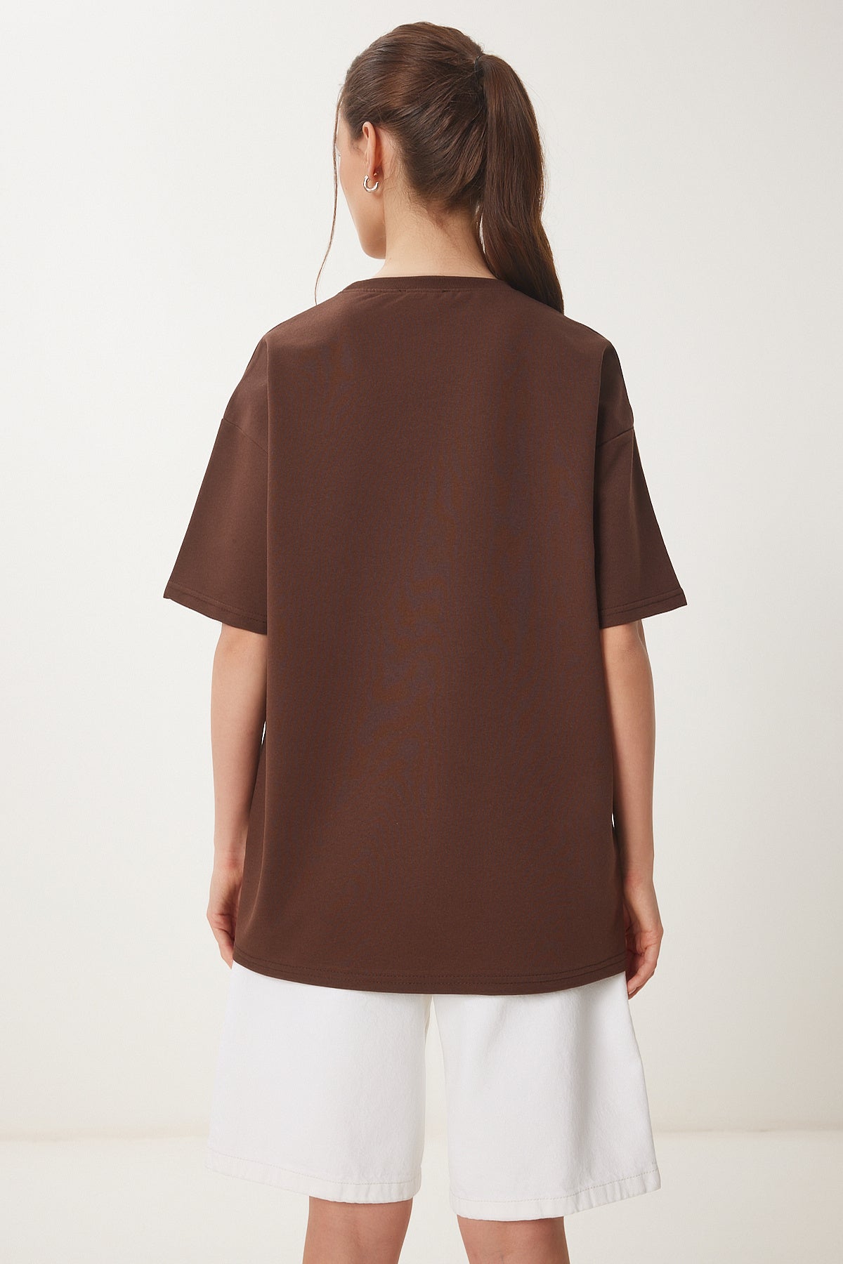 Kahverengi Oversize Baskılı Örme T-Shirt ZV00280