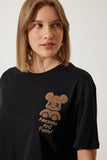 Siyah Ayıcık Armalı Crop Örme T-Shirt HF00455