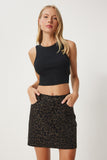 Siyah Kahverengi Leopar Desenli Mini Denim Etek UL00041