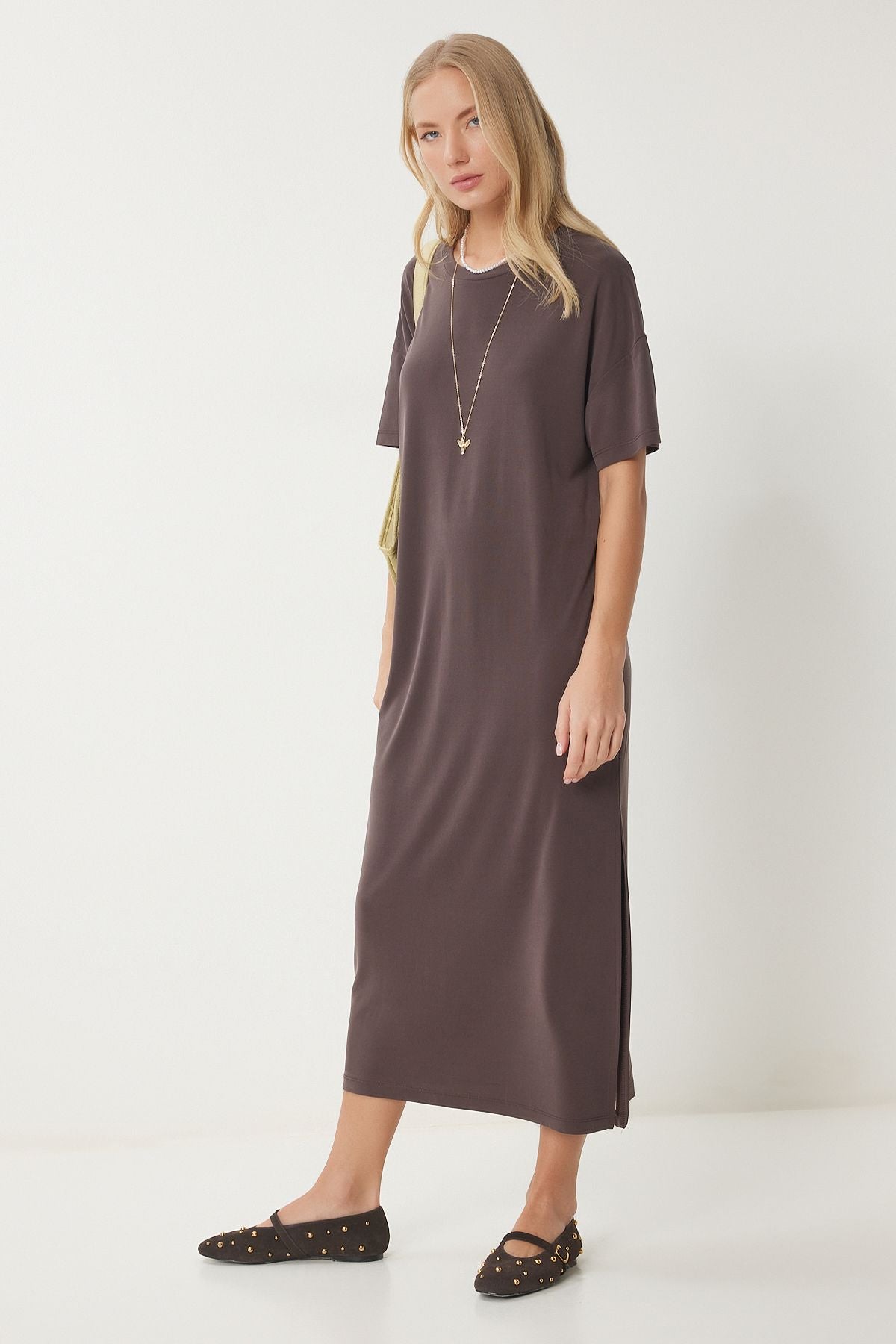 Koyu Kahverengi Oversize Basic Yazlık Örme Elbise UB00299