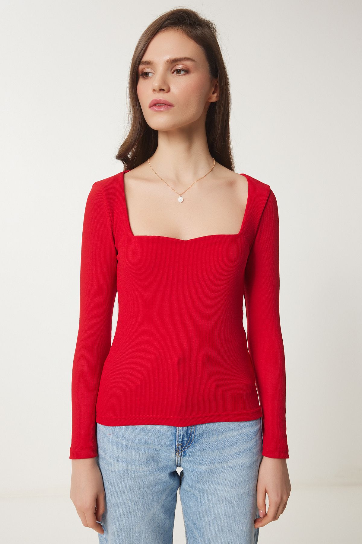Kırmızı Beyaz 2'Li Kalp Yaka Fitilli Örme Bluz GT00231