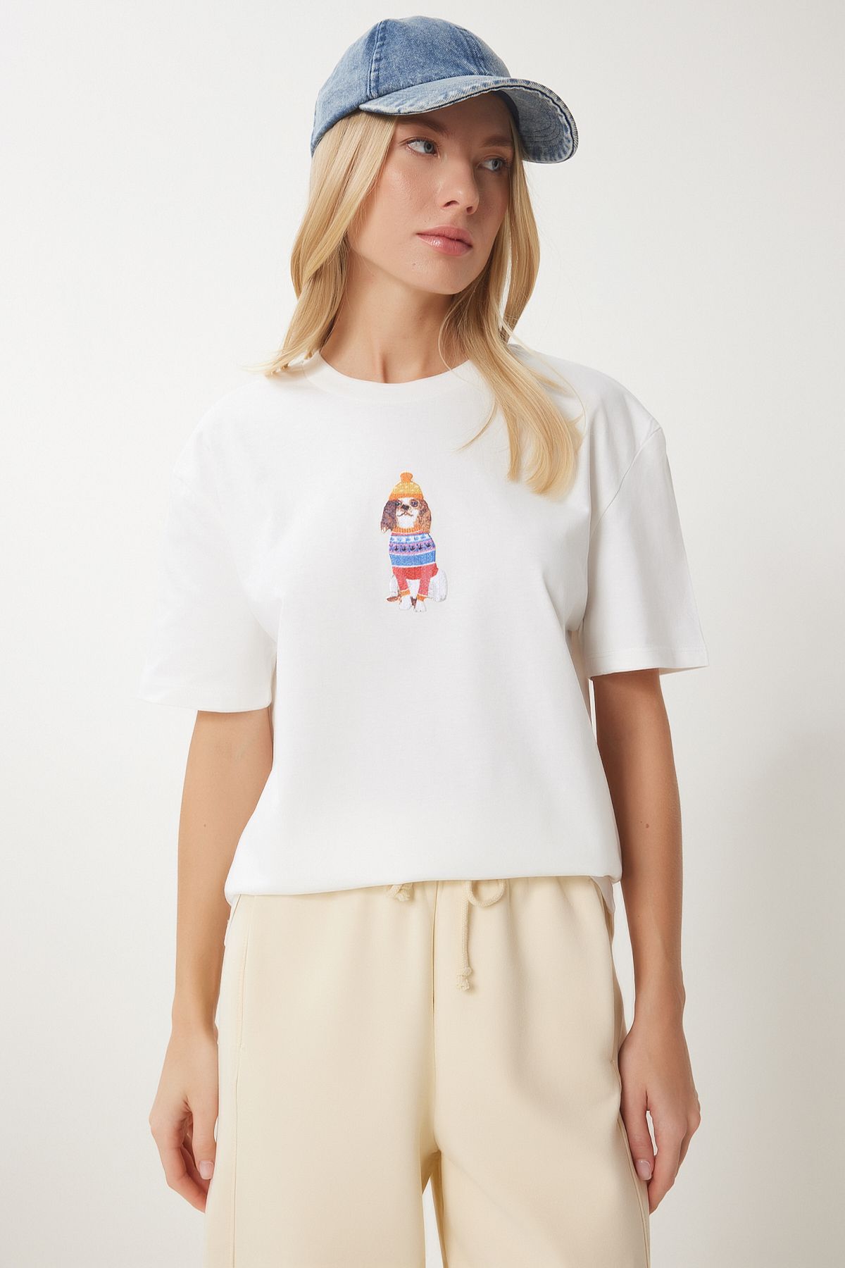 Ekru Armalı Pamuklu Örme T-shirt CR00465