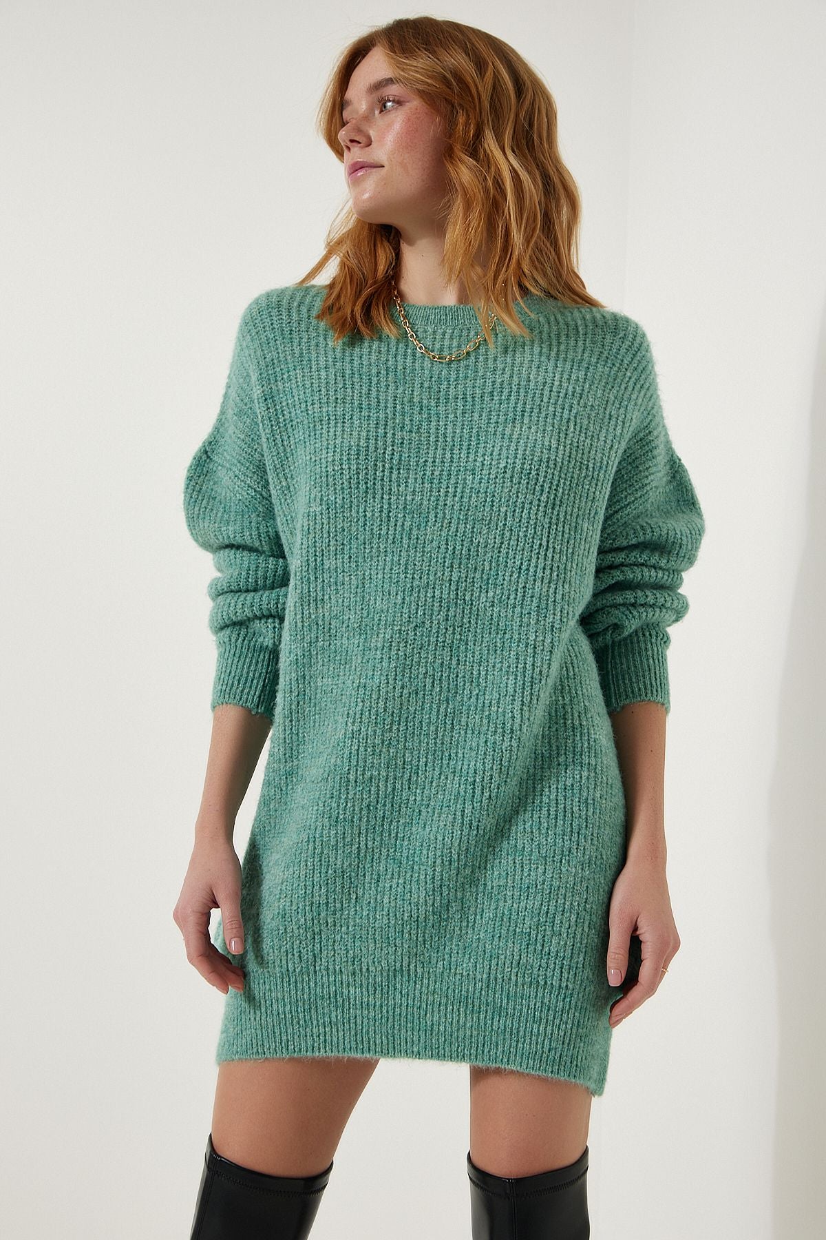 Su Yeşili Oversize Uzun Basic Triko Kazak  BV00099