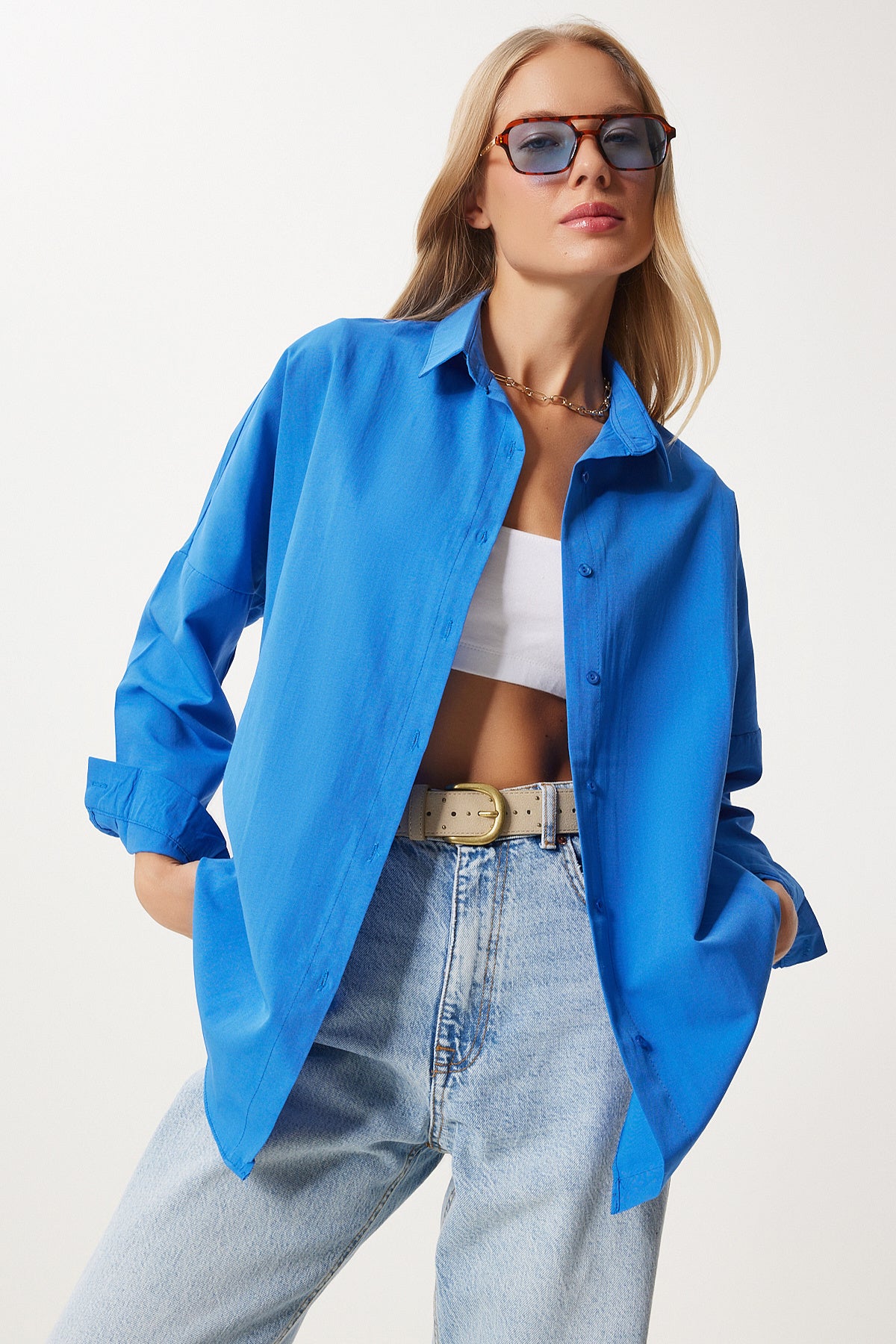 Canlı Mavi Oversize Uzun Basic Gömlek DD00842