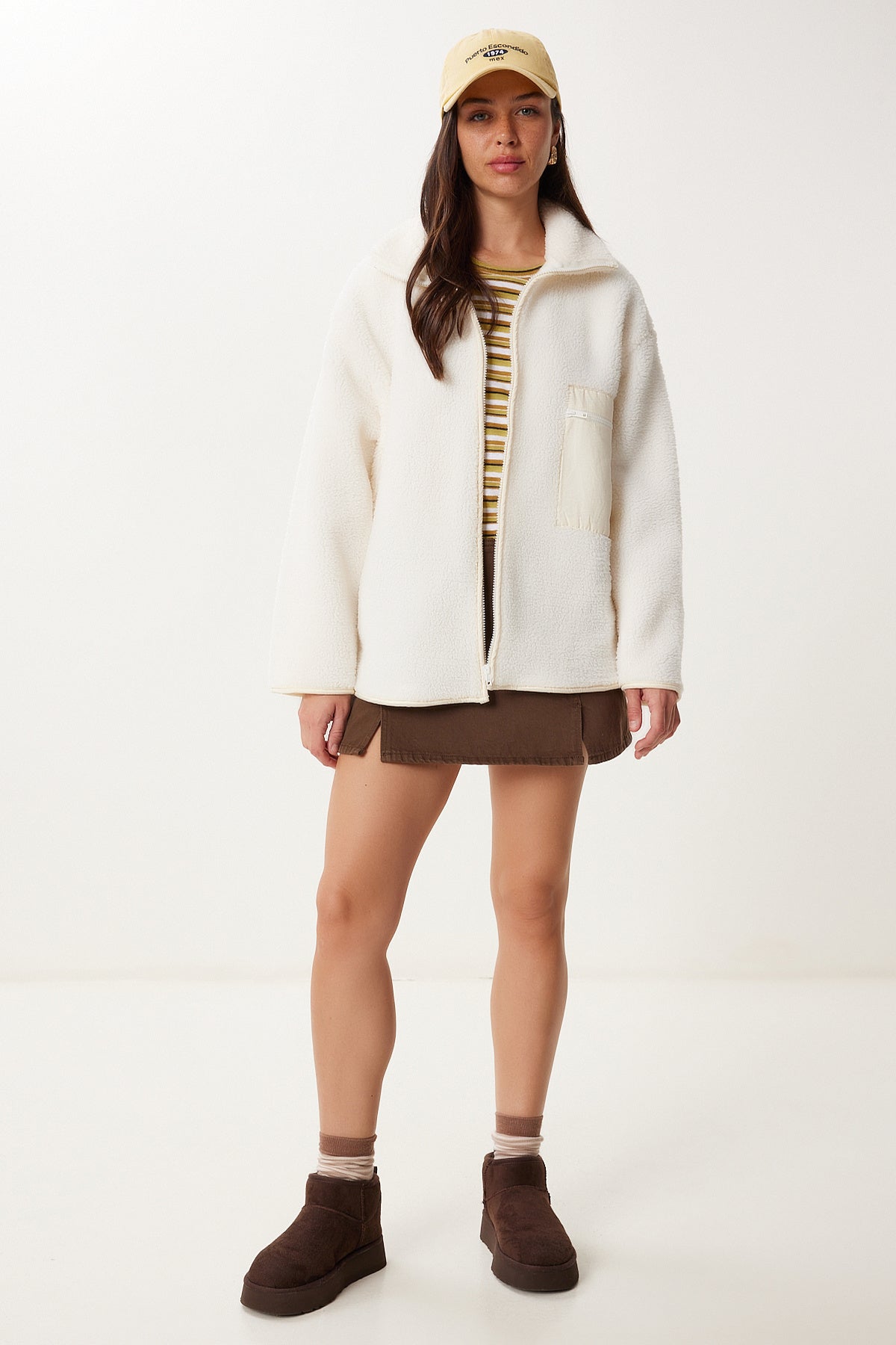 Krem Fermuarlı Oversize Peluş Sweatshirt DD01379