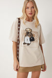 Krem Ayıcık Armalı Pamuklu Oversize Örme T-Shirt CR00464