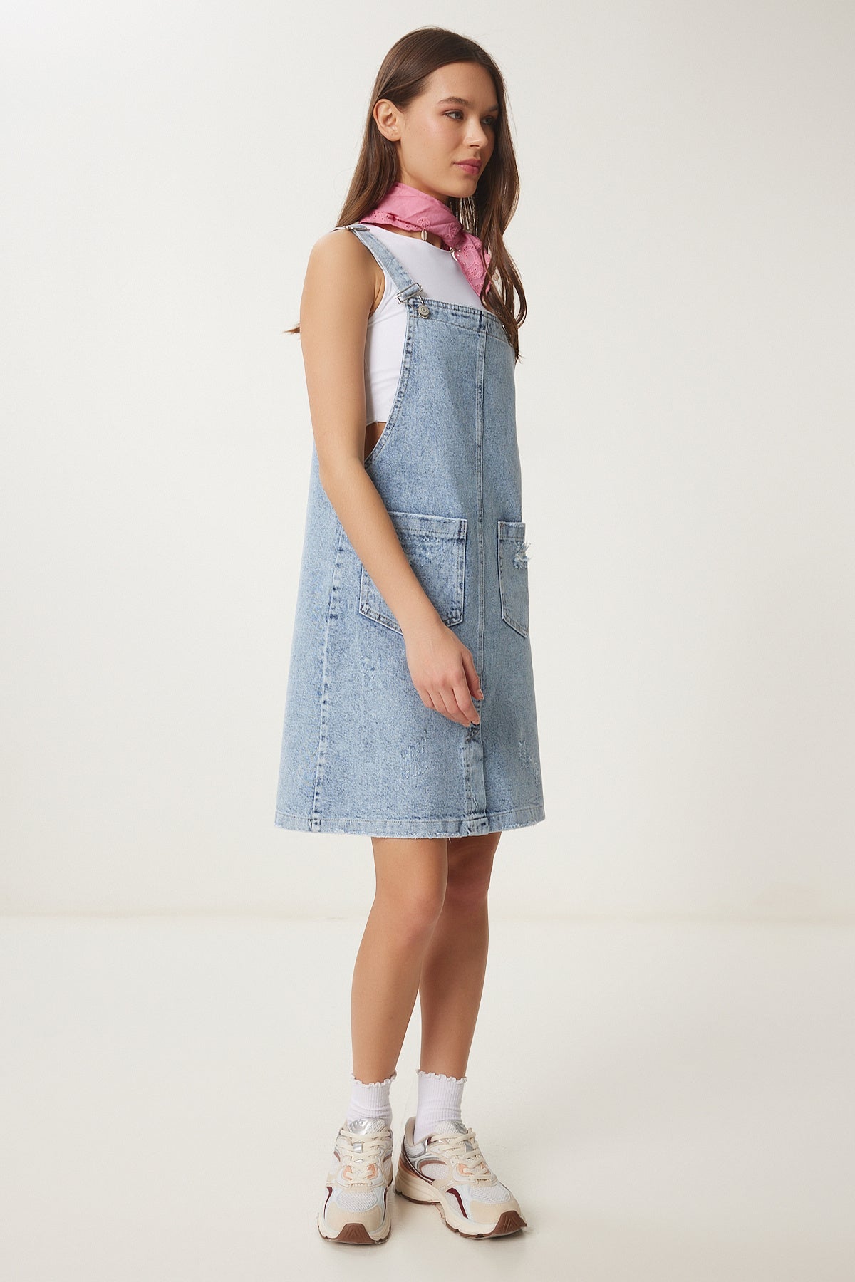 Mavi Cepli Mini Denim Salopet Elbise OK00068