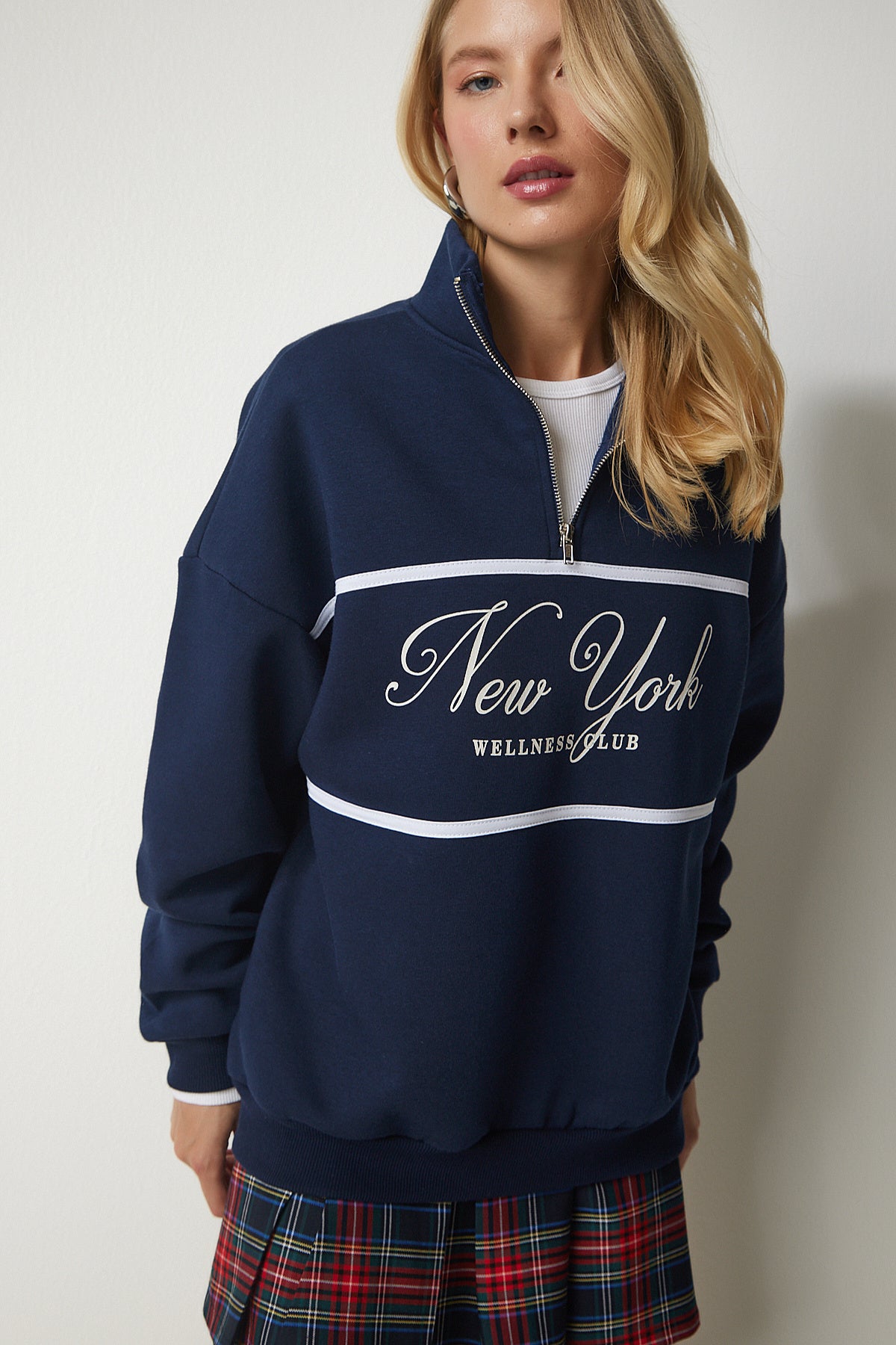 Lacivert Fermuarlı Yaka Baskılı Şardonlu Sweatshirt UB00168